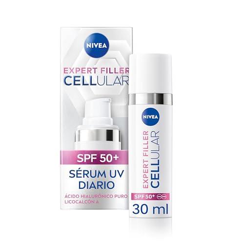 NIVEA Cellular Expert Filler Sérum Fluido UV Diario Protección Solar SPF 50+ Con Ácido Hialurónico y Licocalcón A Protege e Hidrata Antiedad Base de Maquillaje Todo Tipo de Piel 30 ml