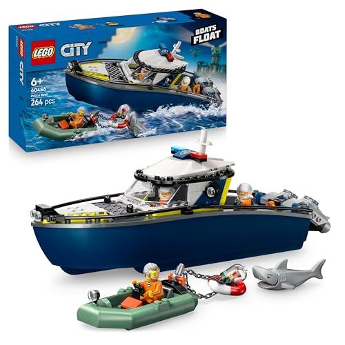 LEGO City Persecución en Barco de Policía   Juego Policial con 2 Barcos de Juguete, 3 Minifiguras y Figura de Tiburón   Regalo para Niños y Niñas de 6+ Años 60456