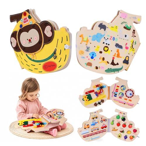 Heypappy Busy Board,Montessori Paneles Sensoriales,Busy Book Libro Sensorial Educativo Juguete de Aprendizaje para Niños Pequeños, Juguete Libro Ocupado con Correa de Mochila(4 en 1)