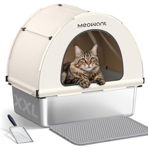 MeoWant Arenero Gatos Cubierto de Acero Inoxidable, Arenero Gato Grande con Pala y Estera de Doble Capa, Extraíble Inodoro Cerrado en Forma de U, Cubierta de Lona, Blanco