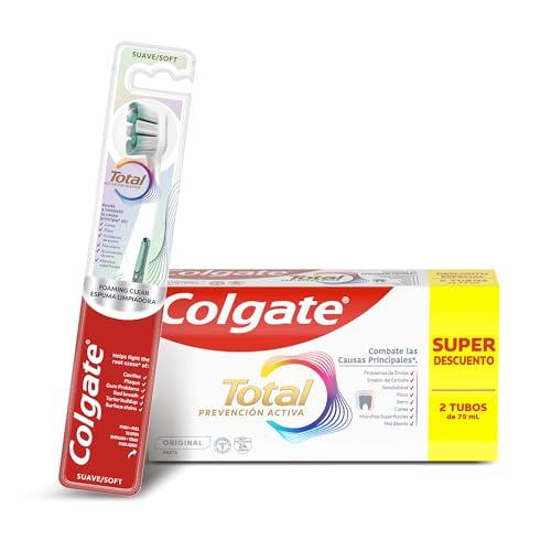 39% DESCUENTO Colgate Total Prevención Activa Original Pasta de Dientes 2x75ml + Cepillo de Dientes Colgate Total Espuma Limpiadora   24h de Protección antibacteriana   Limpieza Profunda