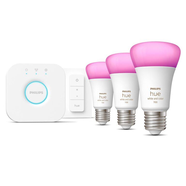 Kit de inicio Philips Hue White and Color Ambiance E27 (3 bombillas, puente Hue y un mando) (Reacondicionado A estrenar) · Philips · El Corte Inglés