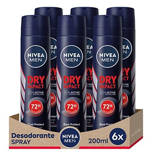 NIVEA MEN Dry Impact   Desodorante Antitranspirante para Hombre en Spray   72h de Protección Fiable Anti Sudor   Sin Alcohol   Con 2 Activos Antibacterianos   Todo tipo de Piel   Pack de 6 x 200 ml