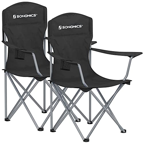 47% DESCUENTO SONGMICS Sillas de Camping, Juego de 2 Sillas de Exterior, Respaldo Alto, Apoyabrazos, Bolsillo para Tazas, Portátil, Plegable, Carga de 150 kg, Acampada, Jardín, Pesca, Terraza, Negro GCB08BK