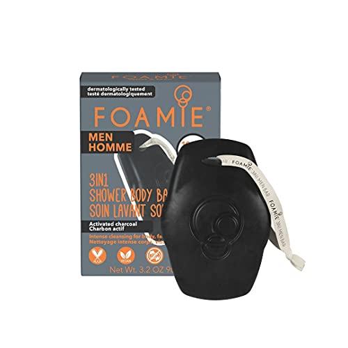 Foamie Men 3en1 Gel de Ducha & Champú Sólido con Carbón Activado – Para cuerpo, rostro & cabello – Limpieza profunda, control de impurezas & frescor duradero – Vegano, sin plástico & pH neutro, 90 g