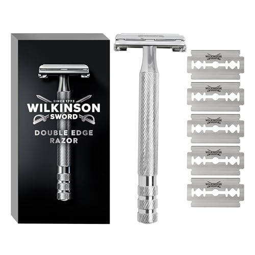 Wilkinson Sword Classic Premium   Máquina de Afeitar Vintage de Acero Cromado para Hombre + 5 Hojas de Afeitar de Doble Filo