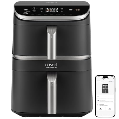 Cosori Air Fryer Turbo Tower Pro Smart 10,8 Litros, Freidora de Aire con Revestimiento Cerámico sin PFAS, Doble Resistencia con Turbo Blaze, Airfryer de Doble Cesta Vertical con 7 Funciones y WiFi