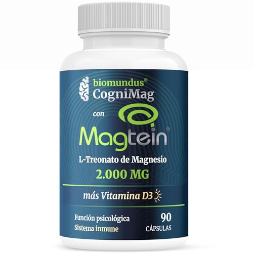 L treonato de Magnesio Magtein® 2000 mg biomundus + Vitamina D3 2.000 UI dosis. Magnesio treonato Función cerebral óptima, mejor descanso, sueño, memoria, sistema inmune, músculos y huesos 90 cápsulas