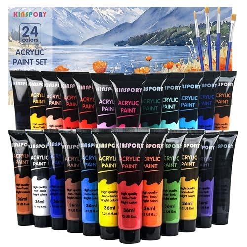 KINSPORY Pinturas Acrílicas 24 x 36 ml con 4 Pinceles   Resistente al Agua, Certificado Seguro, Acrylic Paint   para Lienzo, Madera, Vidrio, Piedra   Ideal para Artistas, Principiantes y Niños