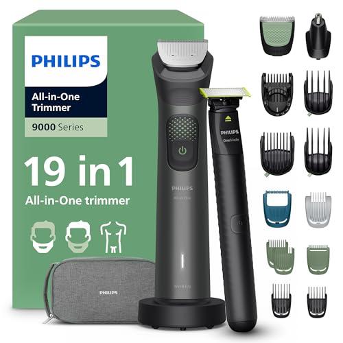 25% DESCUENTO Philips Recortadora todo en uno de 19 en 1 Serie 9000 + OneBlade   Afeitadora y cortapelos hombre para rostro, cabeza y cuerpo, cuchillas de acero autoafilables, 27 longitudes, recargable, MG9956/15