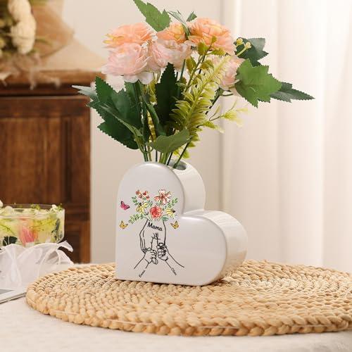 Jeweidea Jarrón de Cerámica Personalizado con Nombre y Flor Natal, Jarrón Blanco Corazón Regalo para Mamá, Abuela, Día de la Madre (C)