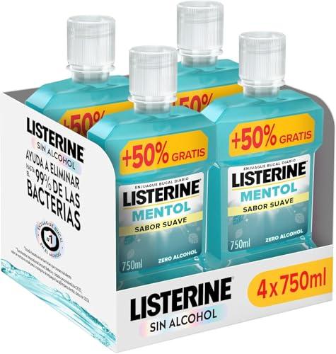 41% DESCUENTO Listerine Mentol Sabor Suave (4×750 ml), enjuague bucal con flúor, colutorio encías con 24 h de protección y 0% alcohol, enjuague bucal sin alcohol para un aliento fresco