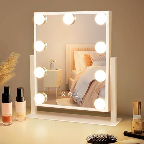 30% DESCUENTO Mursche Espejo de Maquillaje con iluminación Hollywood Espejo – Espejo de vanidad con 9 LED pequeño Espejo cosmético con luz 360° rotación Espejo de Mesa 3 Modos Espejo tocador táctil Regulable