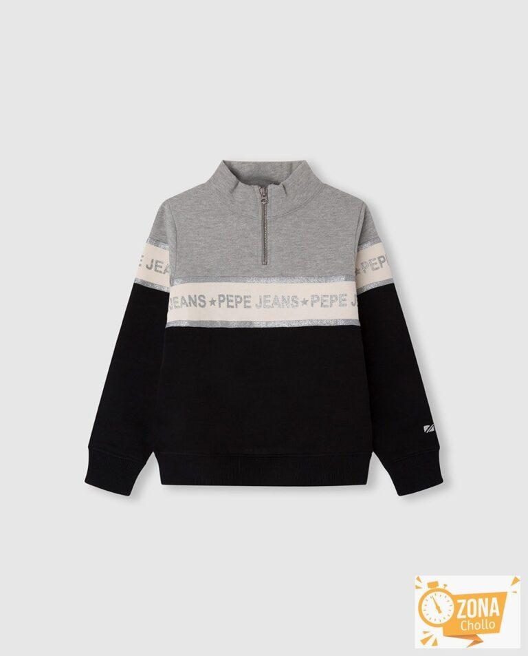 Sudadera de niña color block gris y negro con logo glitter en panel… — 11,00€ € -82%