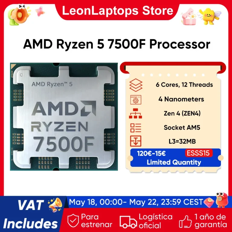 PROCESADOR AMD Ryzen 5 7500F, CPU R5 7500F, hasta 5,0 GHz, 6… — 98.38 EUR €