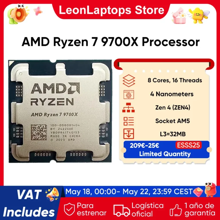 Procesador AMD Ryzen 7 9700X 5,5 GHz 8 núcleos 16 hilos 40 MB de… — 213.47 EUR €