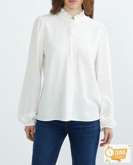 Blusa viscosa de mujer cuello ruffle lazada — 11,00€ € -82%