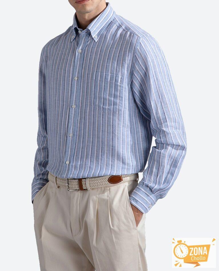 Camisa de hombre sport manga larga botón punta rayas 100% lino — 65,00€ € -80%