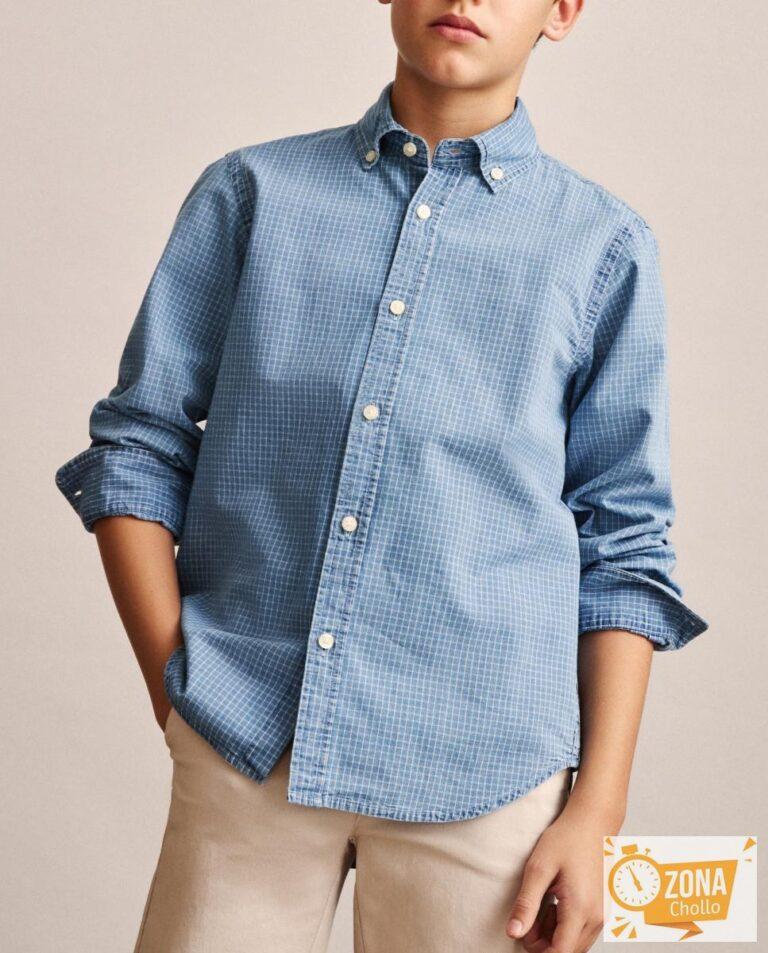 Camisa manga larga denim tejido cuadros de niño — 8,00€ € -77%