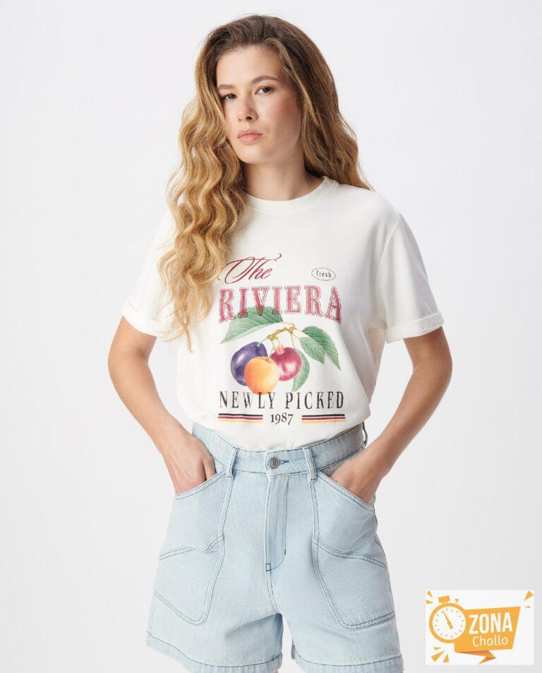 Camiseta de mujer con estampado de frutas grandes Crudo IKKS · El… — 16,5 € -70%