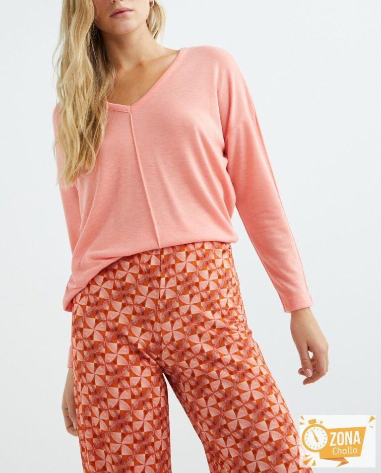 Camiseta de manga larga caída con escote pico mujer — 13,00€ € -81%