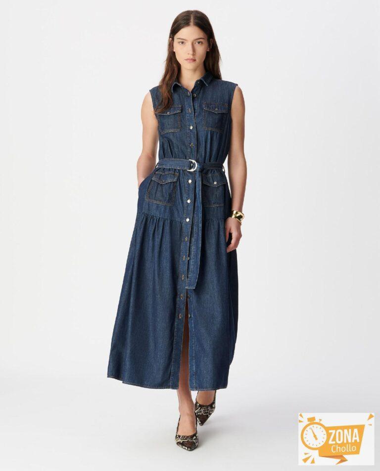 Vestido largo denim abotonado con cinturón Azul denim IKKS · El… — 67,5 € -70%