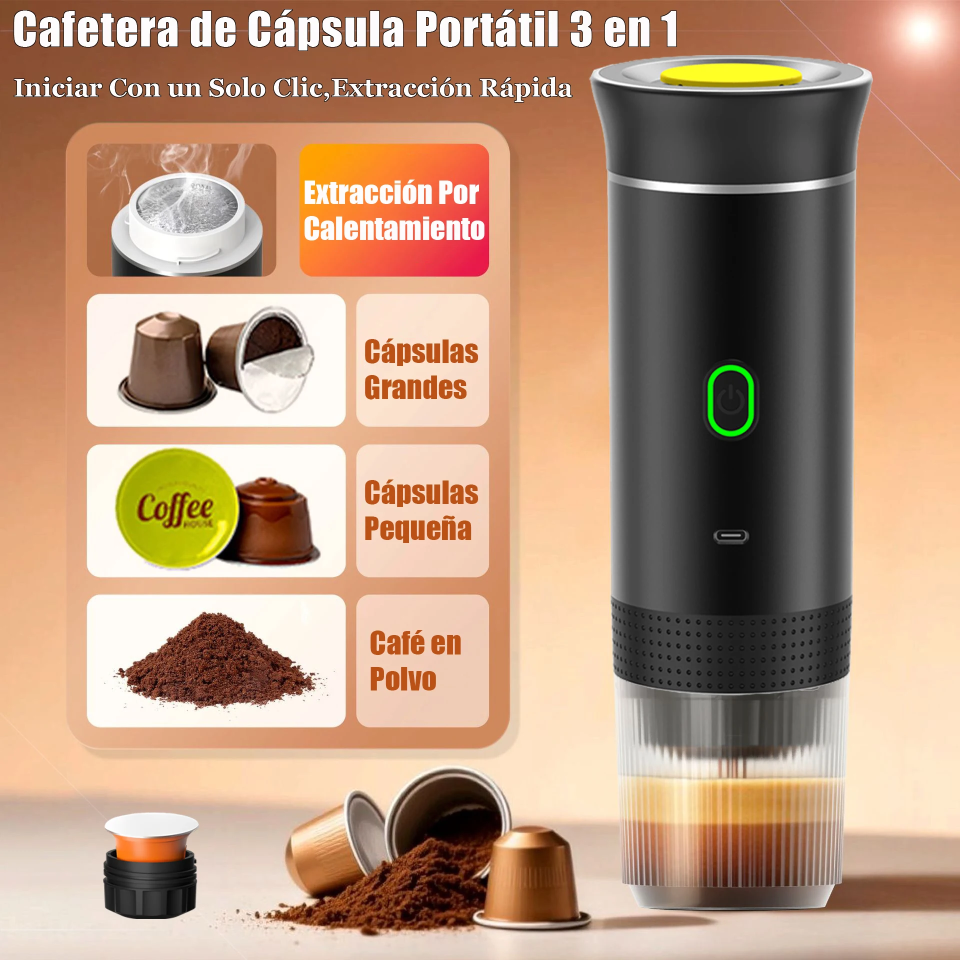 CAFETERA DE CÁPSULAS PORTÁTIL ELÉCTRICA INALÁMBRICA 3 EN 1