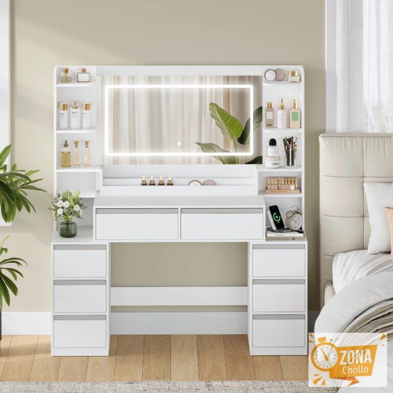 Tocador con espejo grande, tocador y soporte para secador de pelo, 8… — 239.39 EUR €