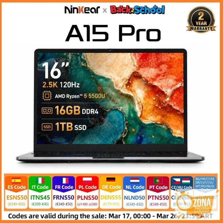 Ninkear A15 Portátil 16″ 2.5K 120Hz, AMD Ryzen 5 5500U, 16GB DDR4 +… — 433,93 €