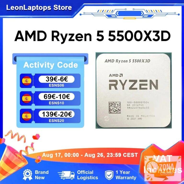 Procesador AMD Ryzen 5 5500X3D, 6 Núcleos, 12 Subprocesos, 96 MB de… — 186.20 EUR €