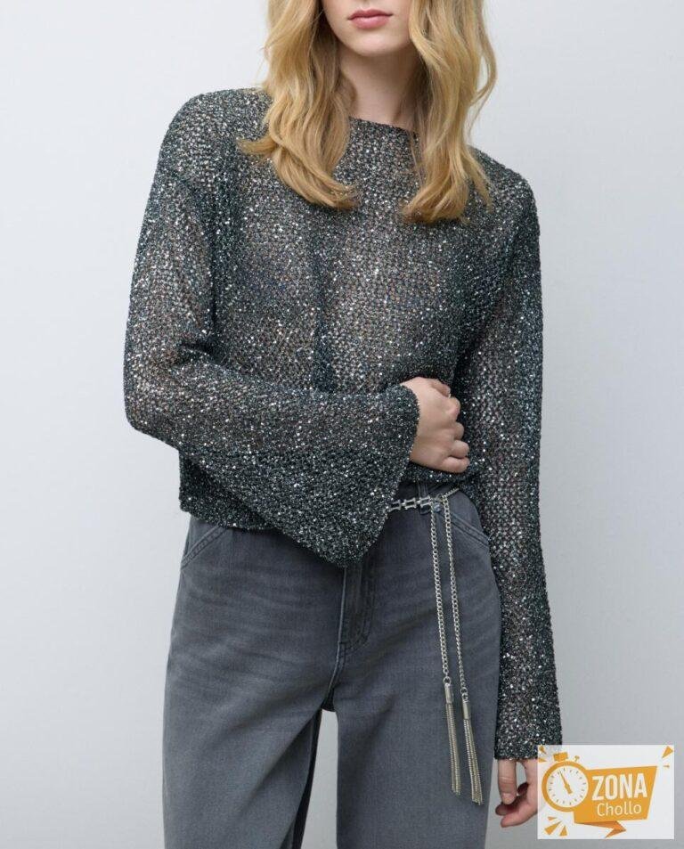 Jersey de mujer de manga larga con malla de lentejuelas — 11,00€ € -72%