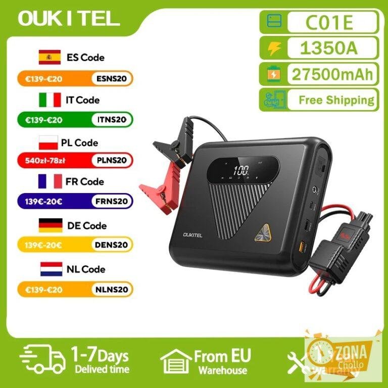 Arrancador de Coches OUKITEL C01, Corriente Máxima de 1350A, Batería… — 77,76 €