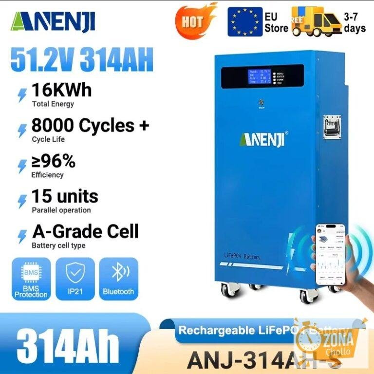 Batería LiFePO4 ANENJI 48V 300Ah, Paquete de 15Kwh, 51.2V 314Ah… — 1801,69 €