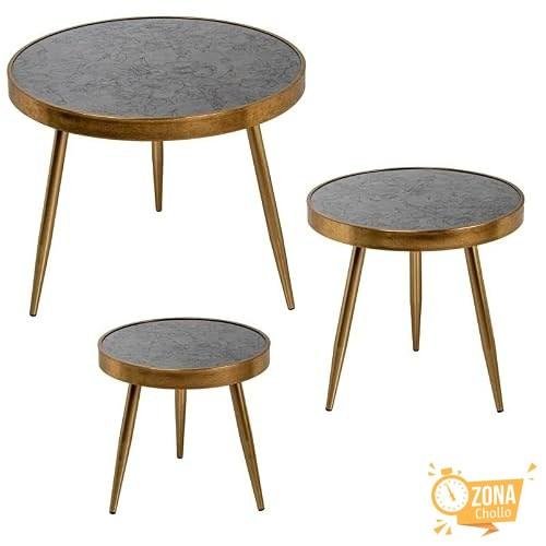 Set de 3 mesas auxiliares Redondas de Madera Decoradas en Dorado