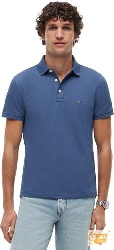 Tommy Hilfiger Polo de Manga Corta Hombre Slim Fit con Botones, Azul