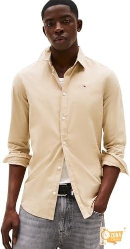 Tommy Jeans Camisa Hombre TJM Original de Manga Larga, Beige (Silt)